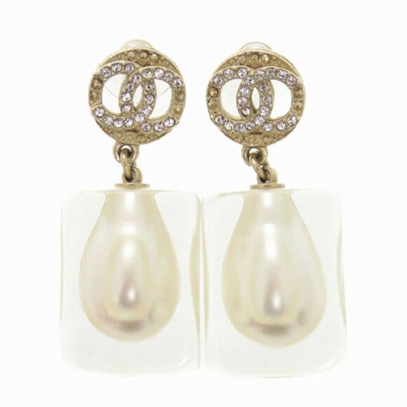 CHANEL Coco Mark Faux Pearl Gold Earrings - Picture 1 of 8